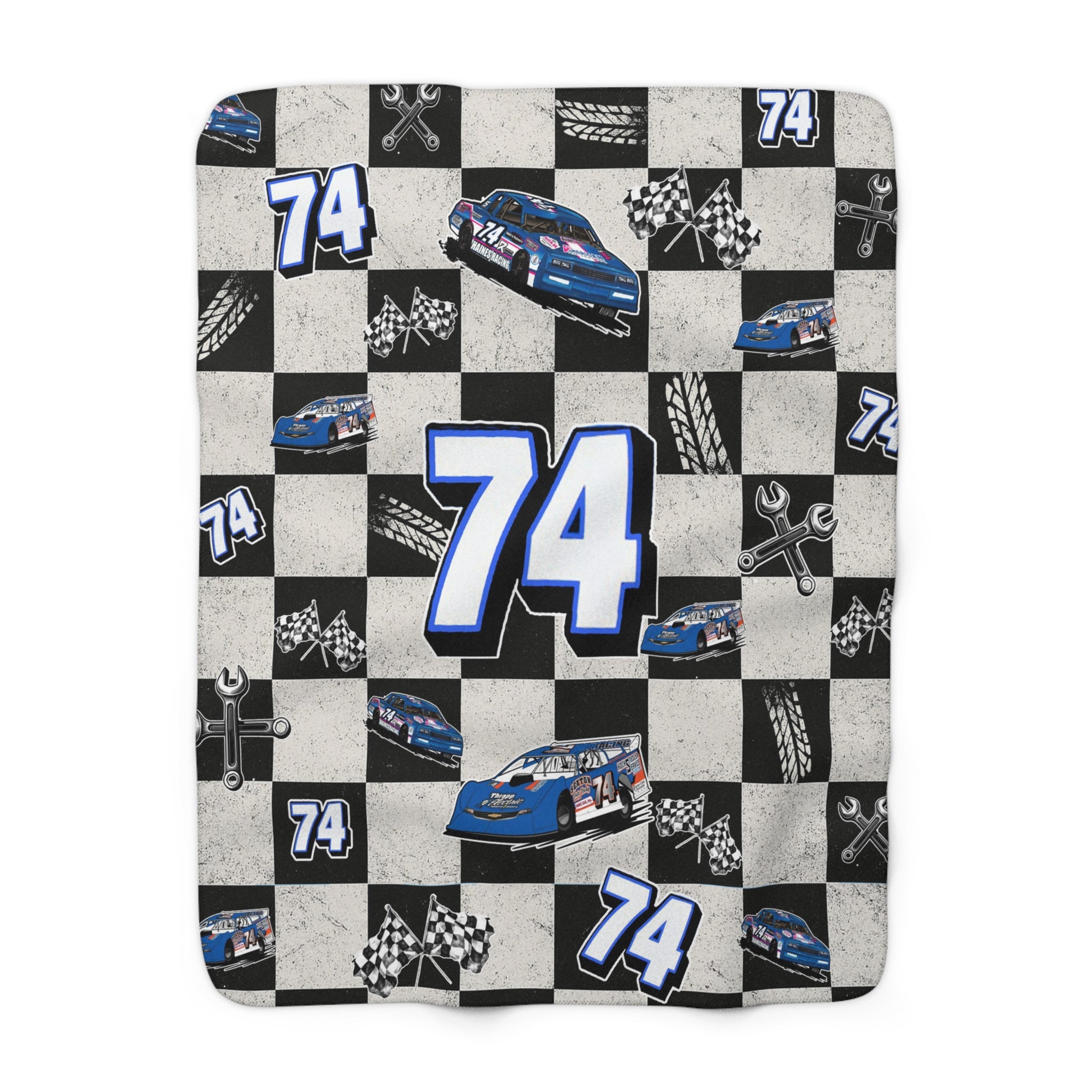 Race Car Number 74 Sherpa Fleece Blanket – Cozy Motorsports Throw with Checkered Flag Design