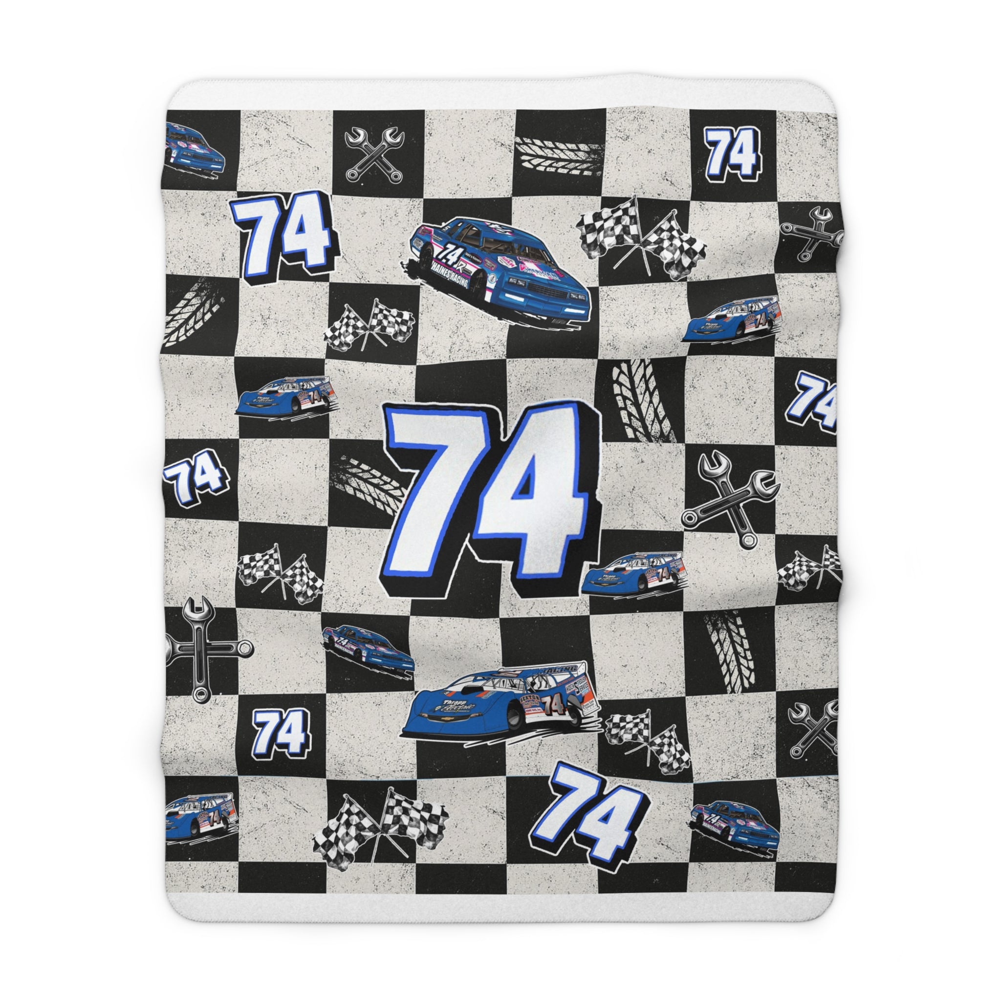 Race Car Number 74 Sherpa Fleece Blanket – Cozy Motorsports Throw with Checkered Flag Design