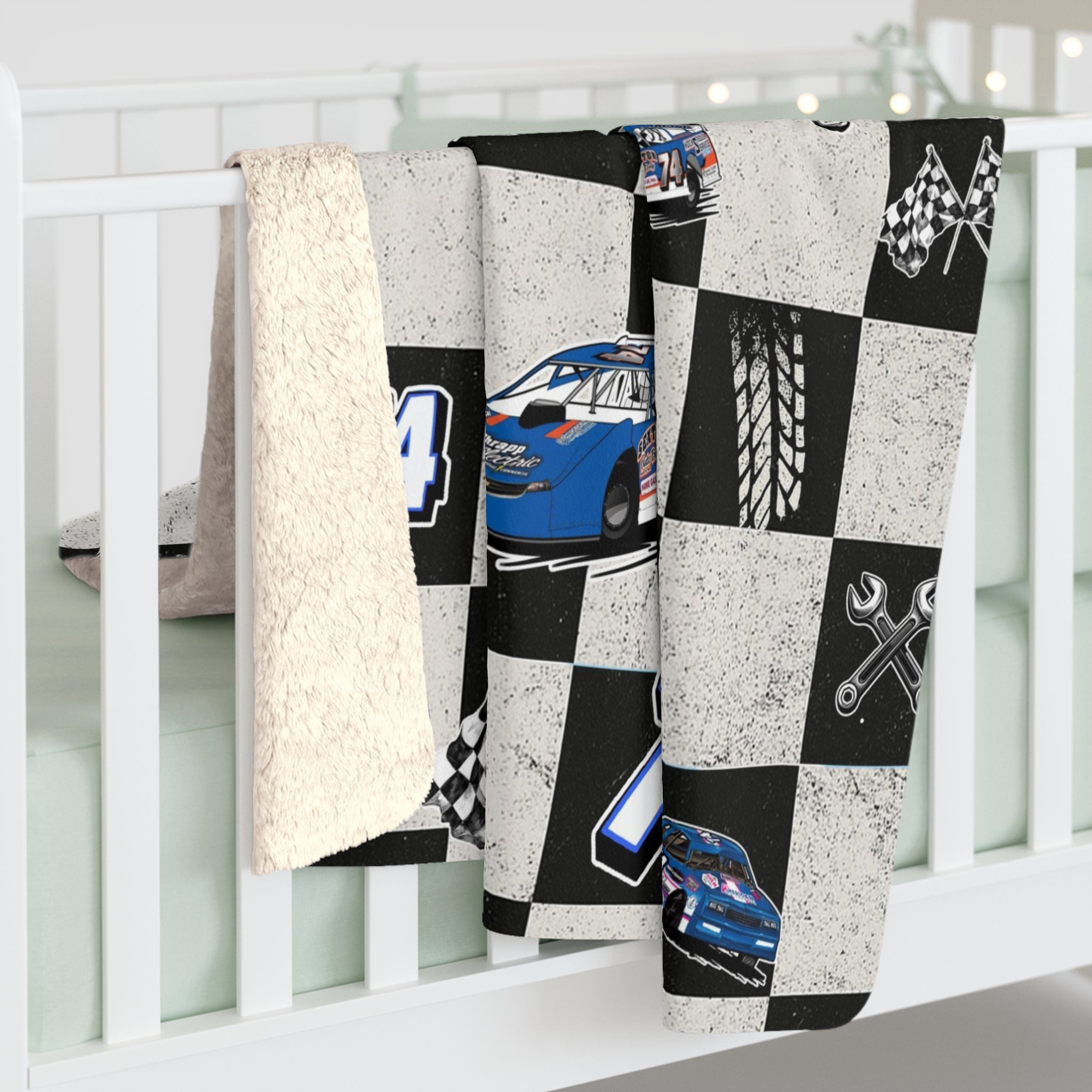 Race Car Number 74 Sherpa Fleece Blanket – Cozy Motorsports Throw with Checkered Flag Design